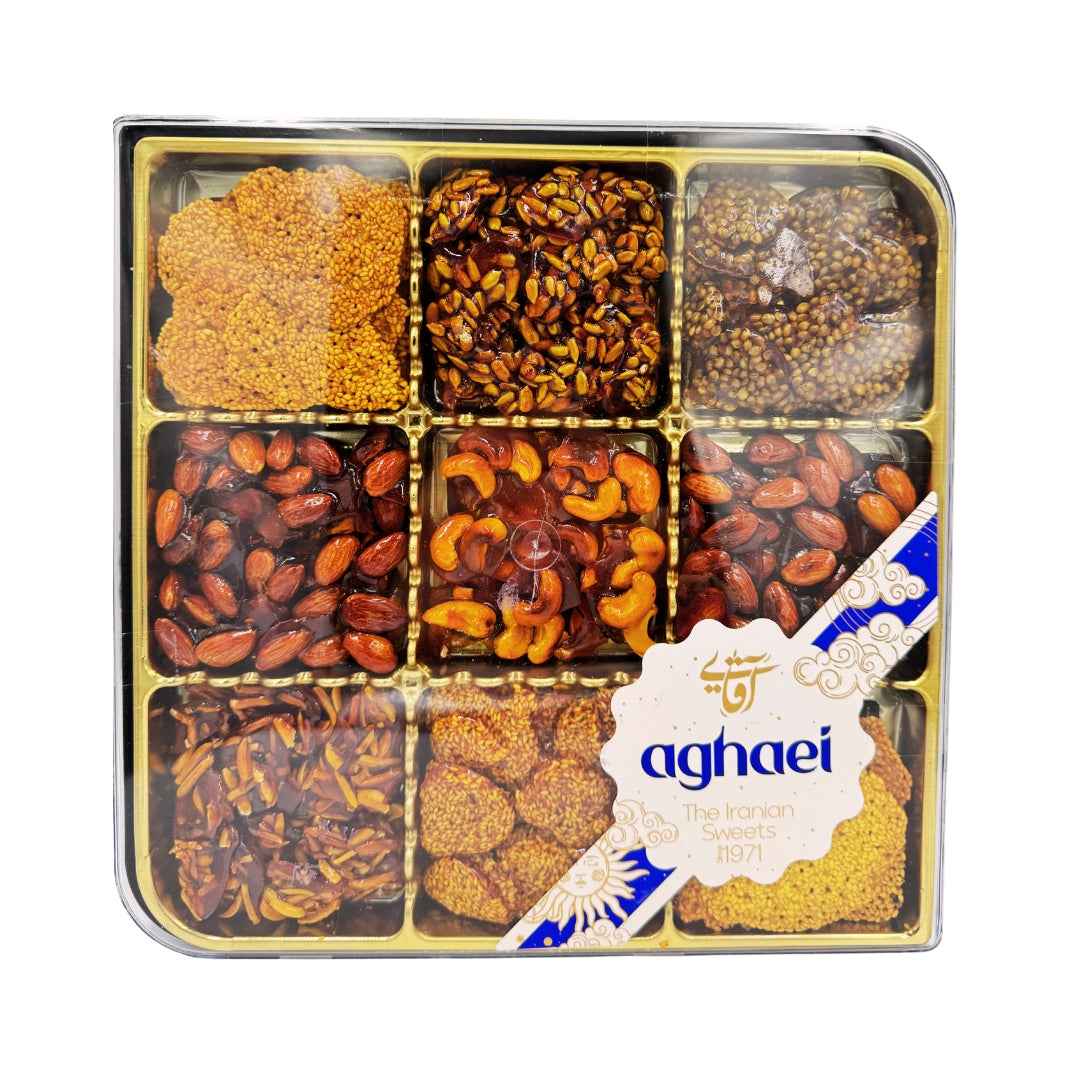 آقایی | سوهان عسلی ۹ مغز (۸۲۰ گرم)